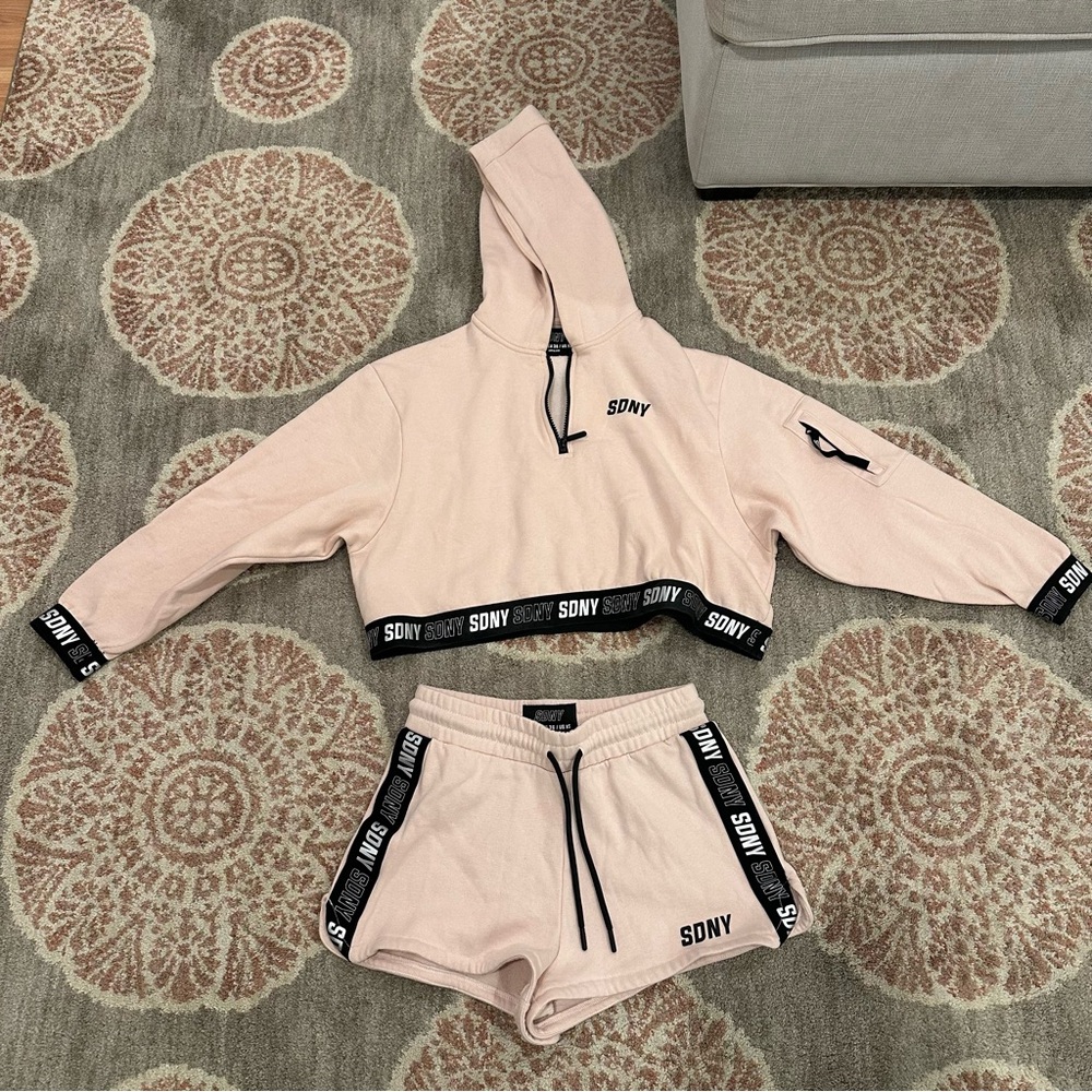 SDNY Light Pink Hoodie & Short set with Black Accents